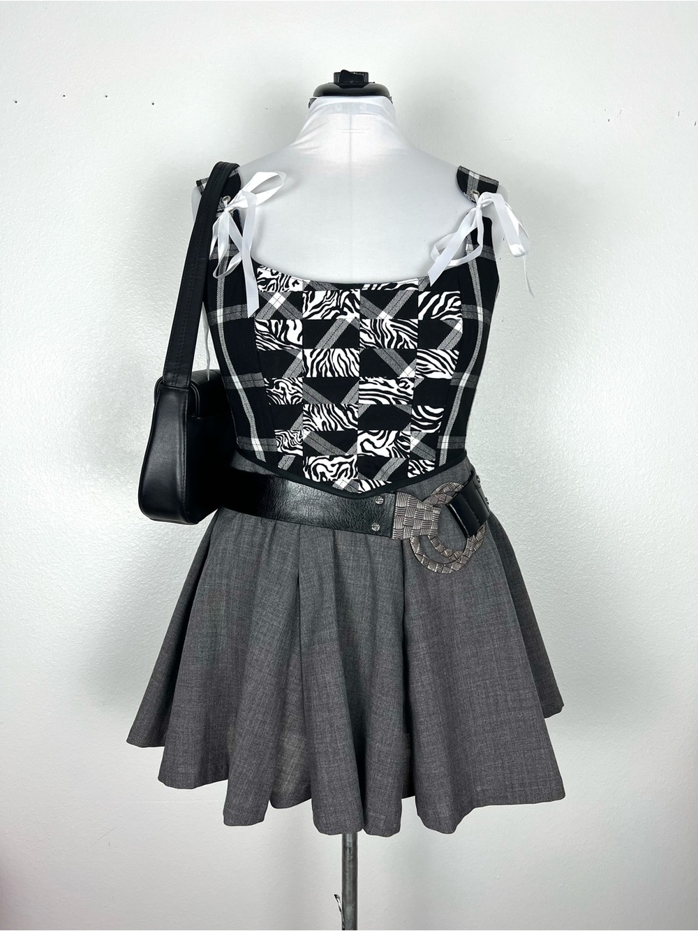 Black & White Plaid Zebra Print Tie-Shoulder Corset Top